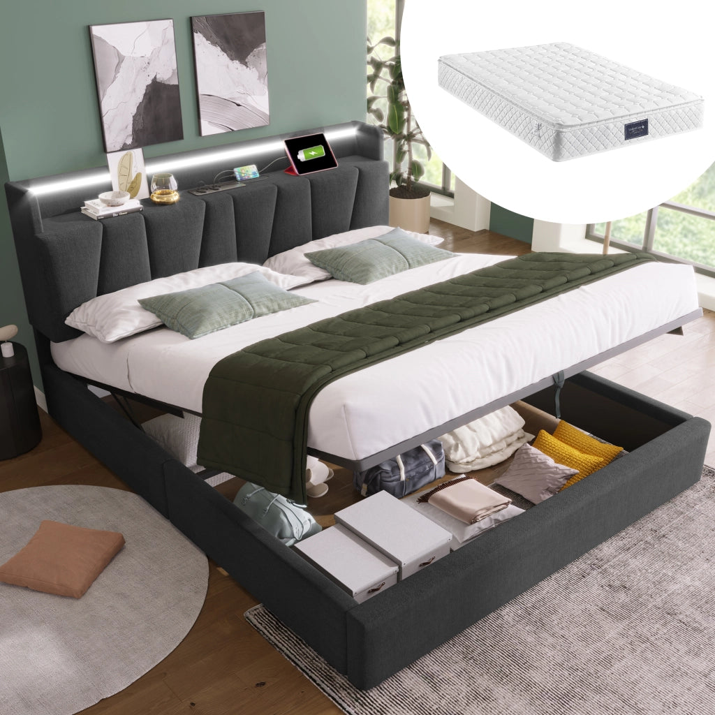 Letto matrimoniale imbottito 160x200 cm grigio con LED RGBW, USB, contenitore e materasso incluso