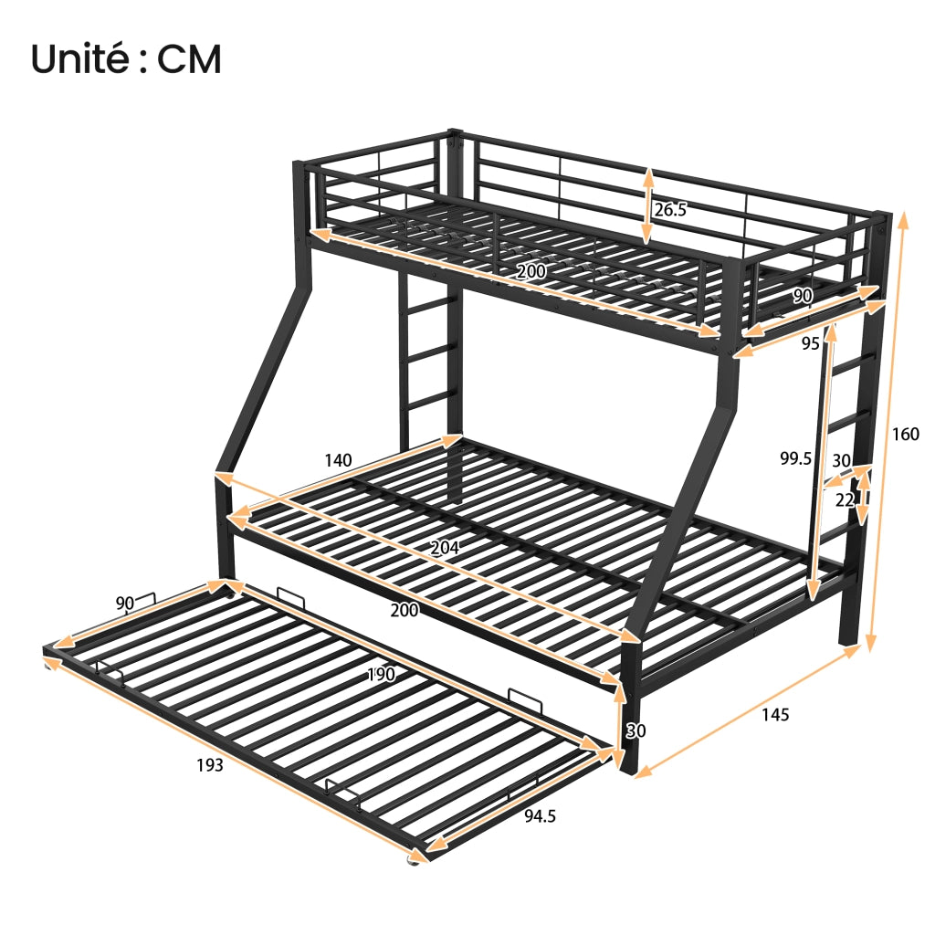 OKWISH Letto a Castello 90×200 cm e 140×200 cm, Letto 3 Posti con Letto Estraibile, 2 Scale e Sponde, senza Materasso, in Metallo, Nero