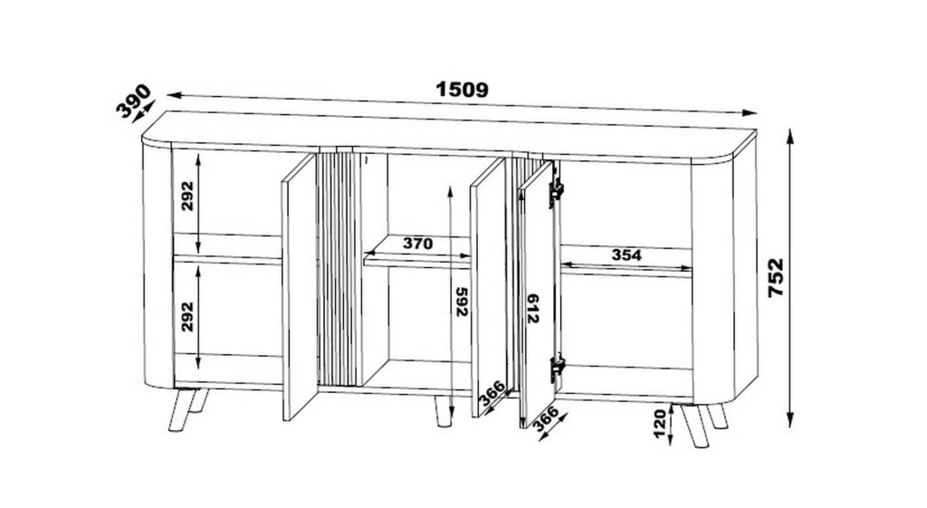 Credenza Loreo, Madia da salotto con tre ante battenti e vani interni, Rialzata da terra, 151x42 h70 cm, Nero e Noce