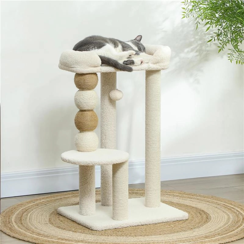 TORRE PER GATTI CON LETTINO PIATTAFORMA E PALLINA GIOCATTOLO IN LEGNO PELUCHE E IUTA 48.5X40X76 CM BEIGE