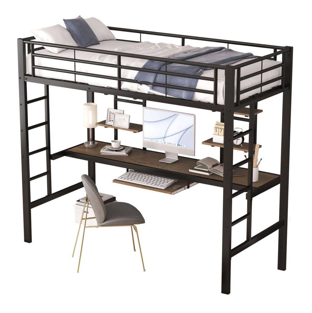 Letto a soppalco in metallo con scrivania e librerie, 90x200 cm, nero