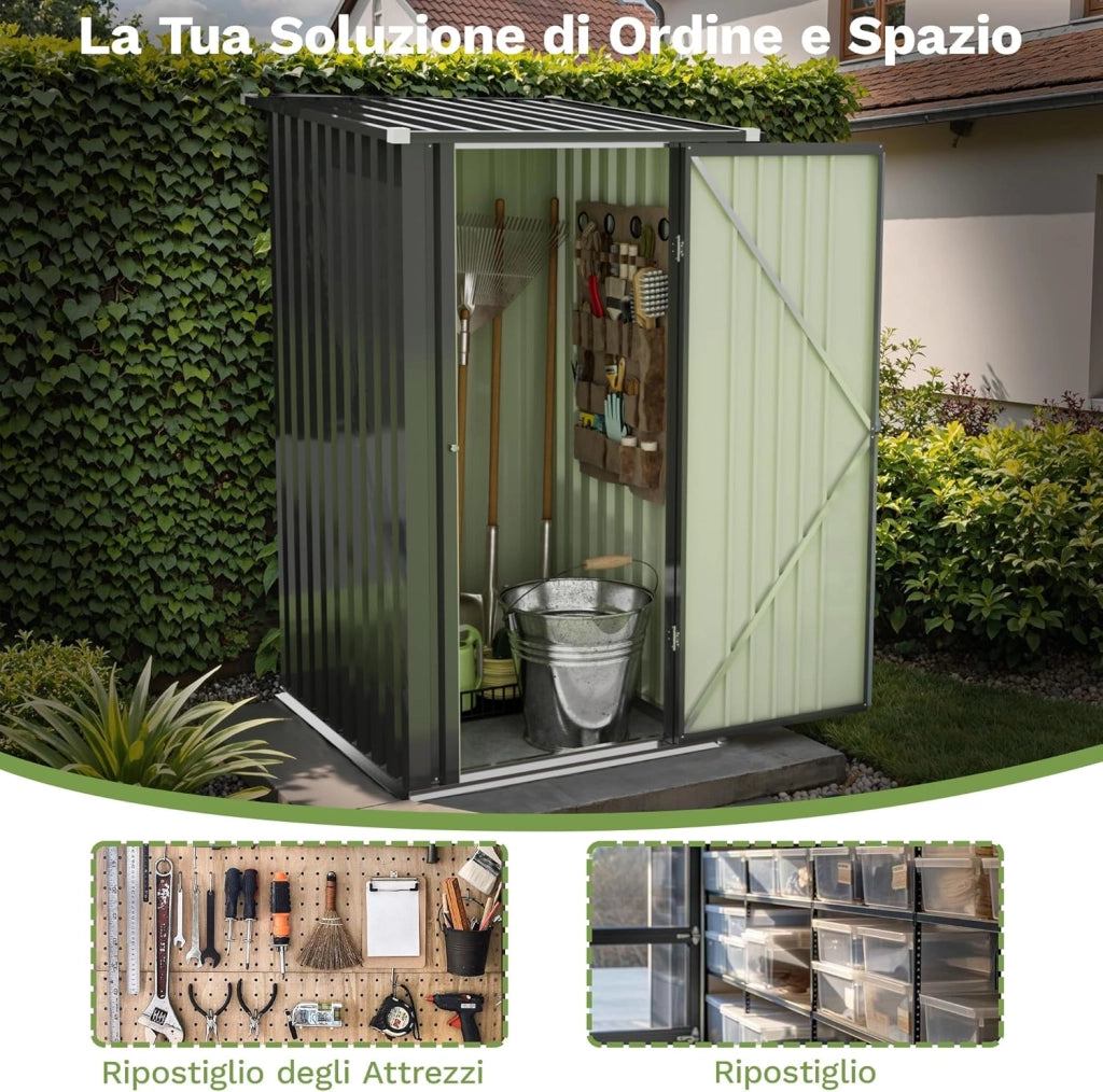 Casetta per attrezzi in metallo, 96 x 98 x 160 cm, con tetto spiovente, forte e antiruggine, con guanti da lavoro, porta girevole bloccabile, piccola casetta da giardino in acciaio per cortile