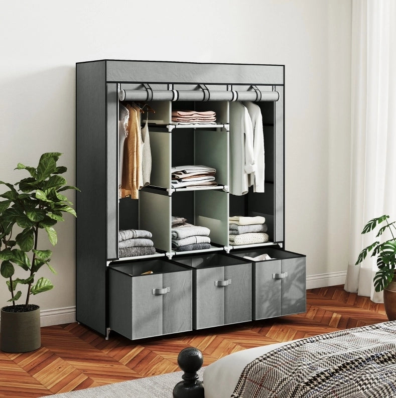 Armadio in tessuto grigio chiaro 125 x 43 x 162,5 cm con 2 barre e 3 cassetti