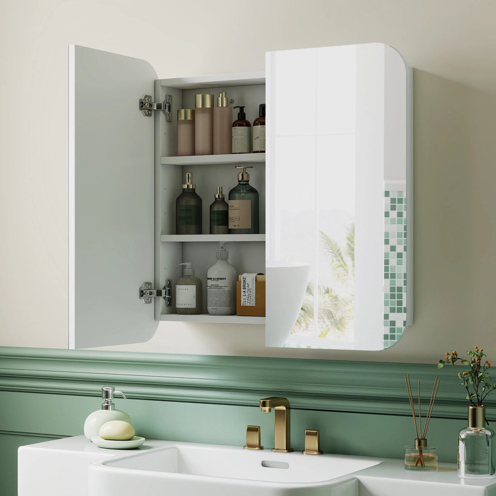 Armadietto Bagno con Specchio e Ante Curve 2 Porte Ripiani Regolabili ¨C zephmum ¨C Bianco 68x13x66 cm