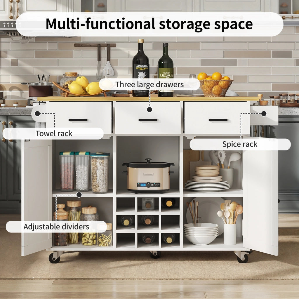 Carrello da Cucina con 3 Cassetti; 2 Ante; Portaspezie; Portaasciugamani e Piano Ribaltabile in MDF 104x39;5x91;5 cm Bianco