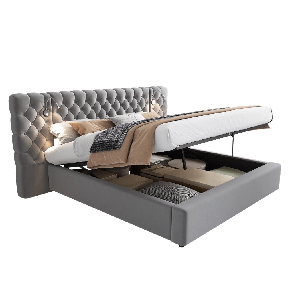OKWISH Letto Contenitore 160×200 cm, Letto Matrimoniale con Sollevamento Idraulico, LED Regolabile, Lampada da Lettura e Testiera Ampia, senza Materasso, in Velluto, Grigio