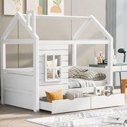 Letto per bambini a casetta 80x160 cm in legno massello di pino; bianco; con finestre e cassetti