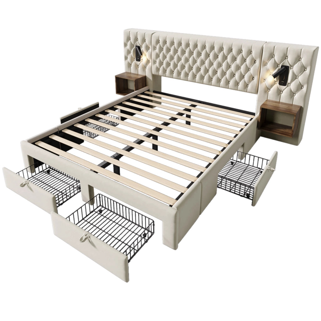 Letto matrimoniale imbottito 180x200 cm in velluto beige con 2 comodini, 4 cassetti e luci lettura