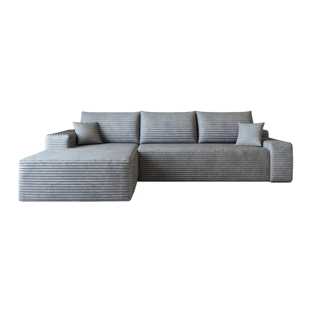Divano angolare modulare con chaise longue e seduta profonda in velluto a coste grigio 270×175×83 cm