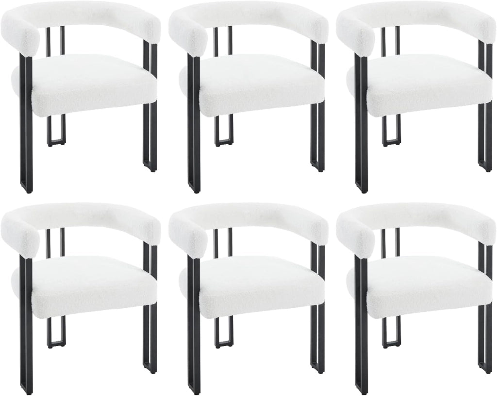 Set 6 Sedie Sala da Pranzo, Sedie da Cucina con Braccioli, Sedia da Pranzo con Gambe in Metallo, Sedia Imbottita per Camera da Letto, Soggiorno, Seduta in Ciniglia, Crema, EZS25cm-6
