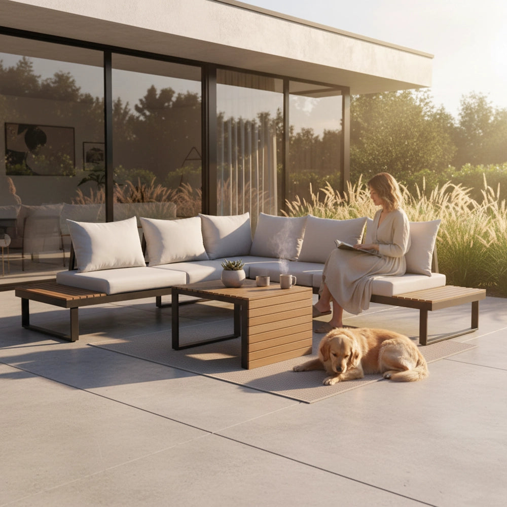 Set mobili da giardino MARBELLA con divano angolare e tavolino grigio