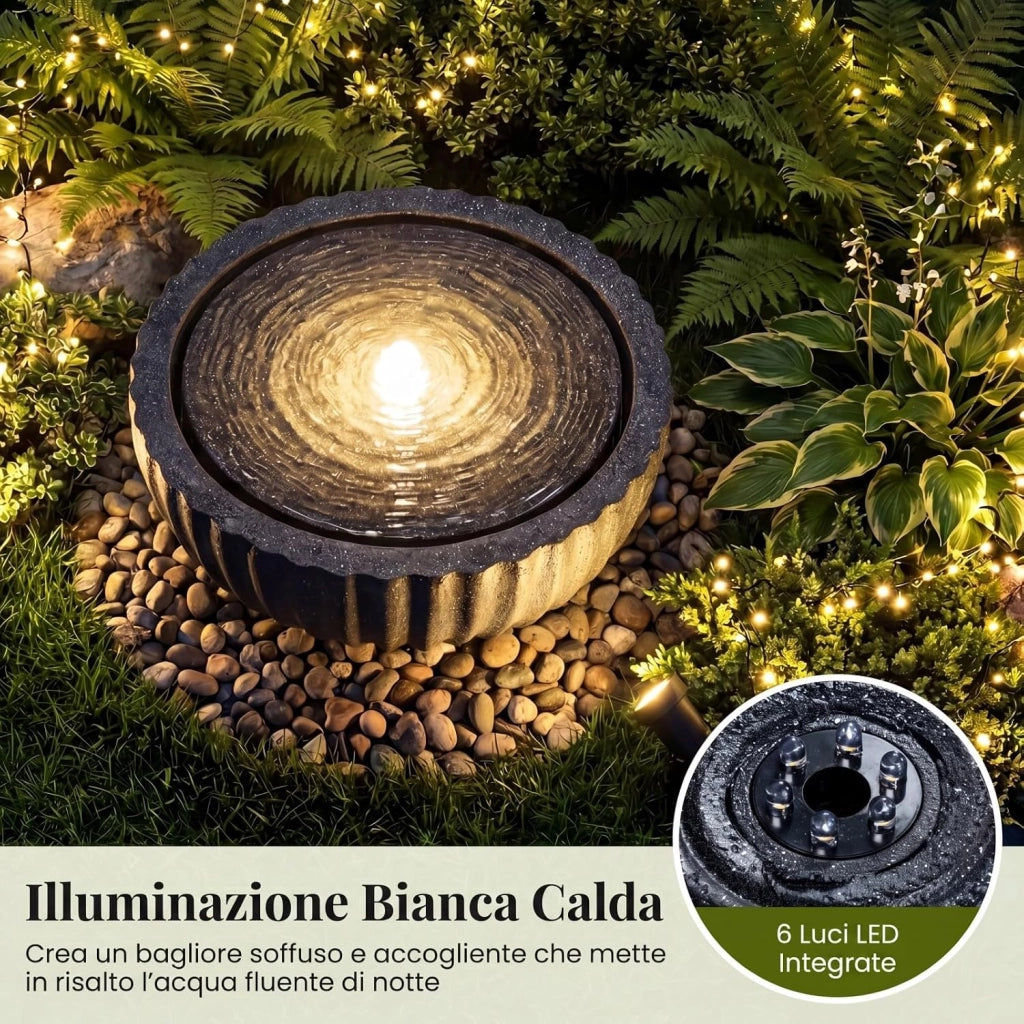 Fontana da Giardino, Fontanella Elettrica da Interno ed Esterno con Luci e Flusso d'Acqua Regolabile, Fontana a Forma di Ciotola con Effetto di Pietra da Terrazza e Balcone