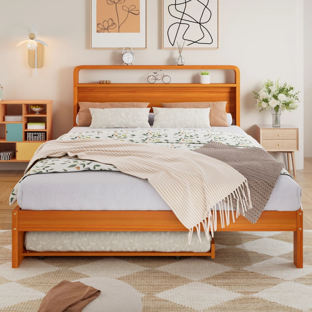 Letto matrimoniale in legno massello, 140x200 cm, con letto estraibile da 90x190 cm, colore arancione