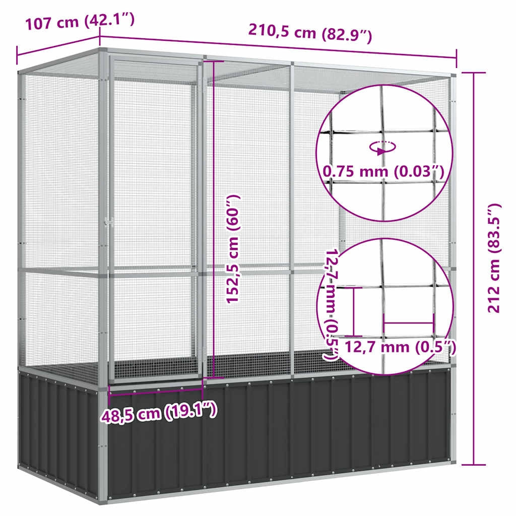 Voliera in gabbia argentata 210,5 x 107 x 212 cm acciaio Argento 02_0045638