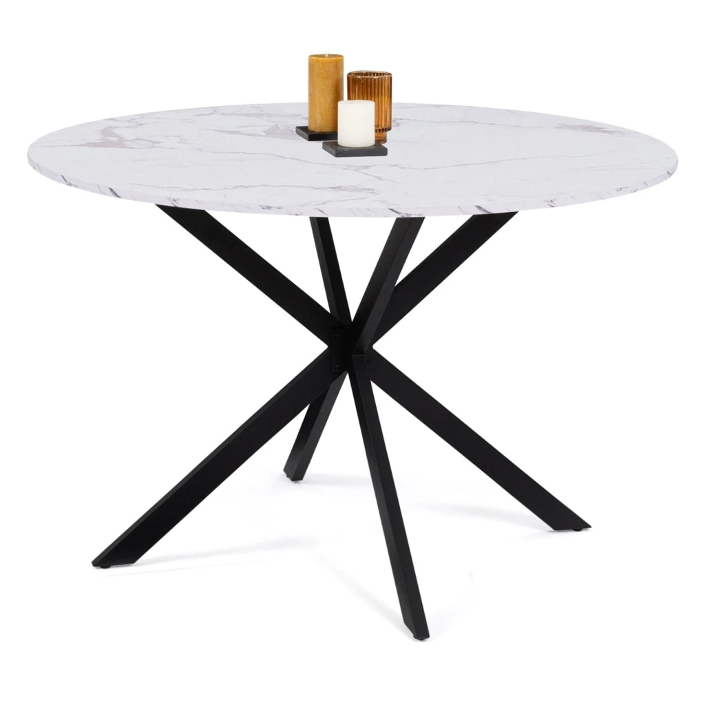 IDMarket - Tavolo da pranzo rotondo per 4-6 persone ALASKA con effetto marmo bianco e gamba a ragno in metallo 110 cm