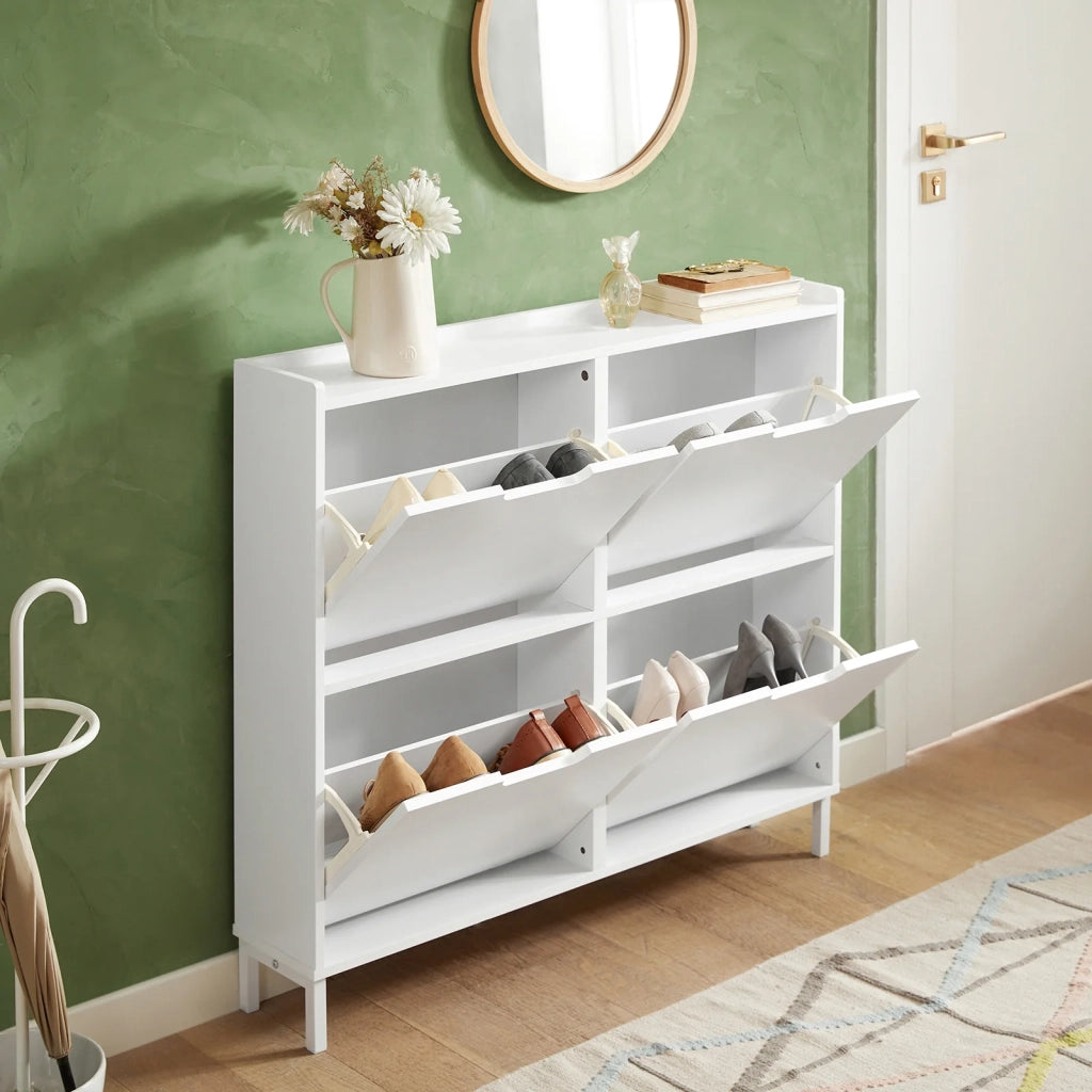 Scarpiera Slim da Ingresso con 4 ante e 4 scomparti Salvaspazio 100x19x91 cm Bianco FSR100-W