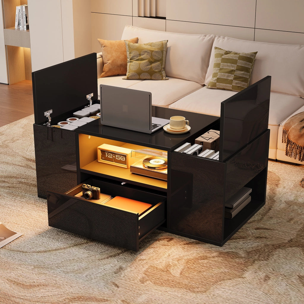 Tavolino basso con 1 cassetto, 2 vani chiusi, vano centrale aperto e LED, per soggiorno, 100 × 50 × 40 cm, nero