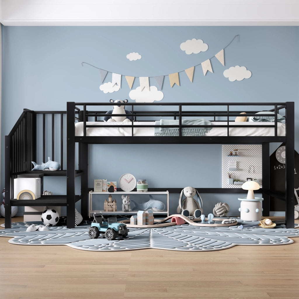 Letto semialto per bambini 90x200 cm con scala contenitore in MDF e metallo nero