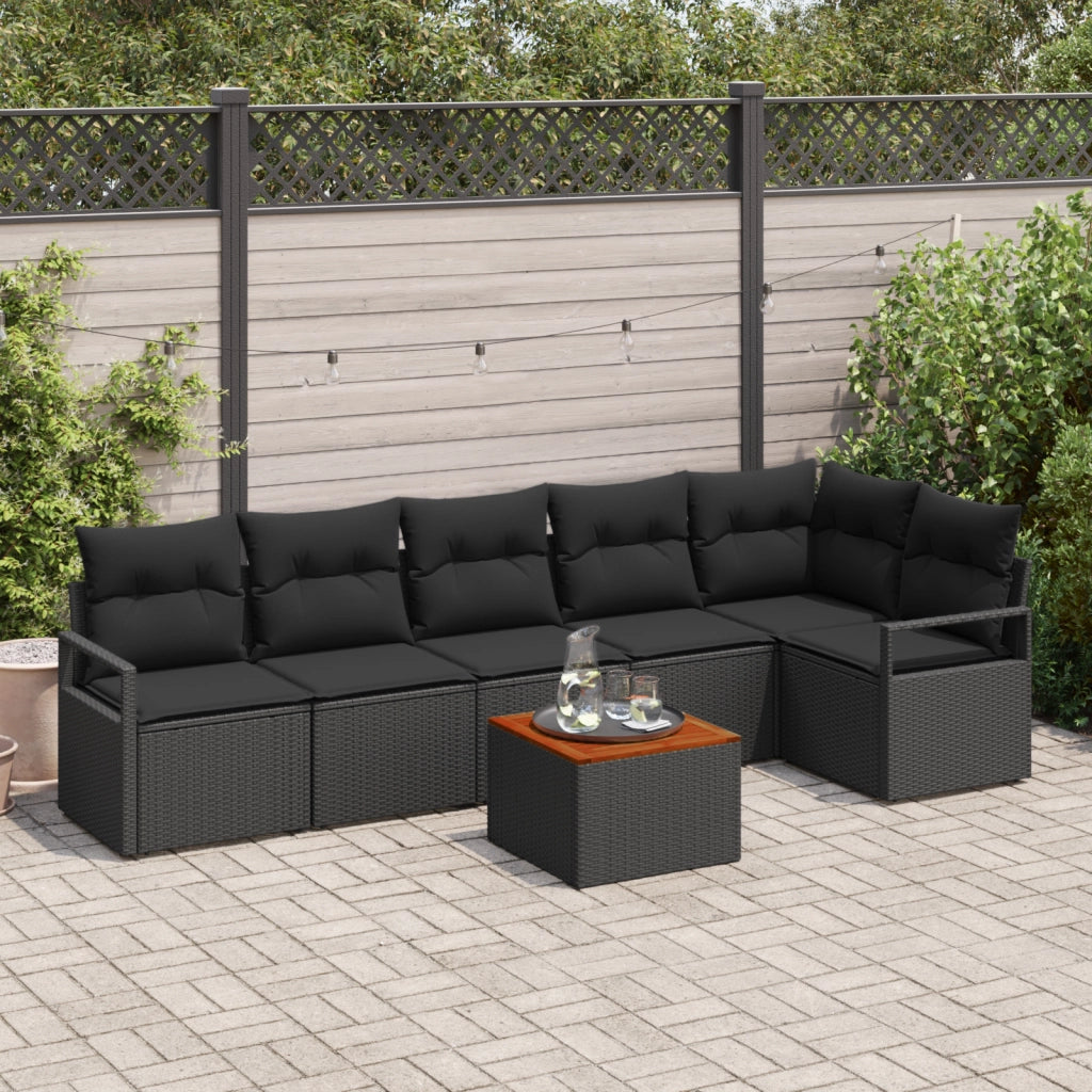 Set Divano da Giardino  7 Pezzi con Cuscini Nero Polyrattan Acacia