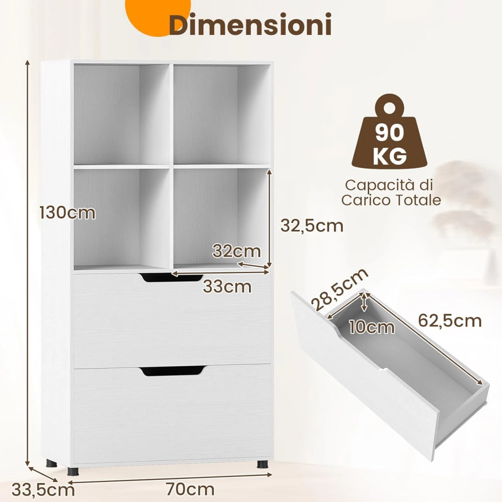 Libreria a 4 Cubi con 2 Cassetti, Scaffale Alto a 5 Ripiani da 130 cm, Libreria Moderna a Cubi Aperti, Organizer in Legno per Soggiorno, Studio, Ufficio Domestico (Bianco)
