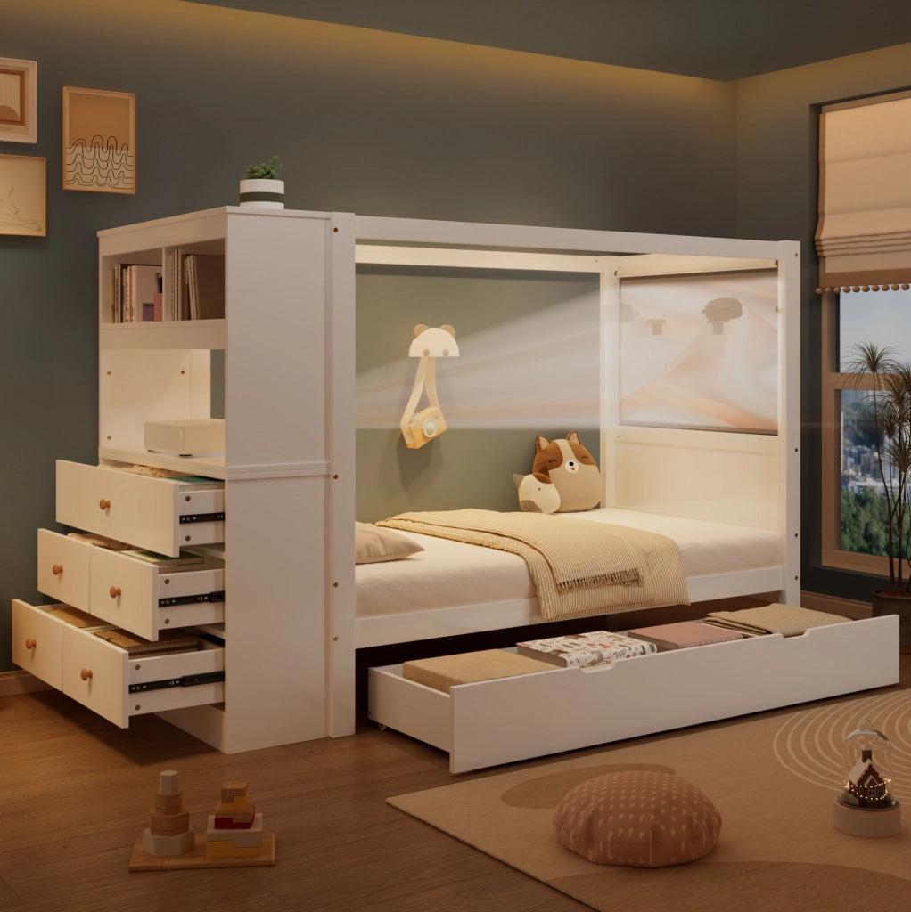 Letto singolo per bambini con contenitore laterale e 5 cassetti 90x200 cm