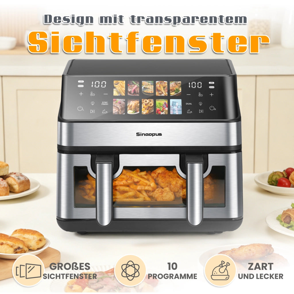 Friggitrice ad aria a doppia camera con obl¨°, 10 programmi di cottura, friggitrice senza olio, forno ad aria calda con touchscreen, friggitrice ad ari