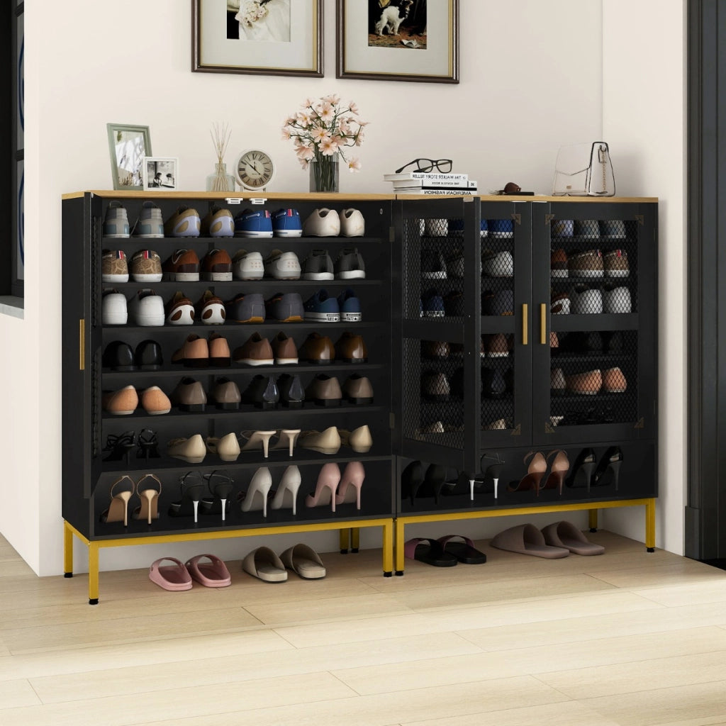 Armadio porta scarpe in legno con ripiani regolabili e gambe in metallo, Armadio porta scarpe a 7 livelli con porte in rete Nero