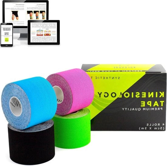 Nastro di Kinesiologia Idrorepellente 4 Pack - Toepassazioni in Olanda - Sintetico - Impermeabile all'Acqua e al Sudore - Kinesio 5cm x 5m