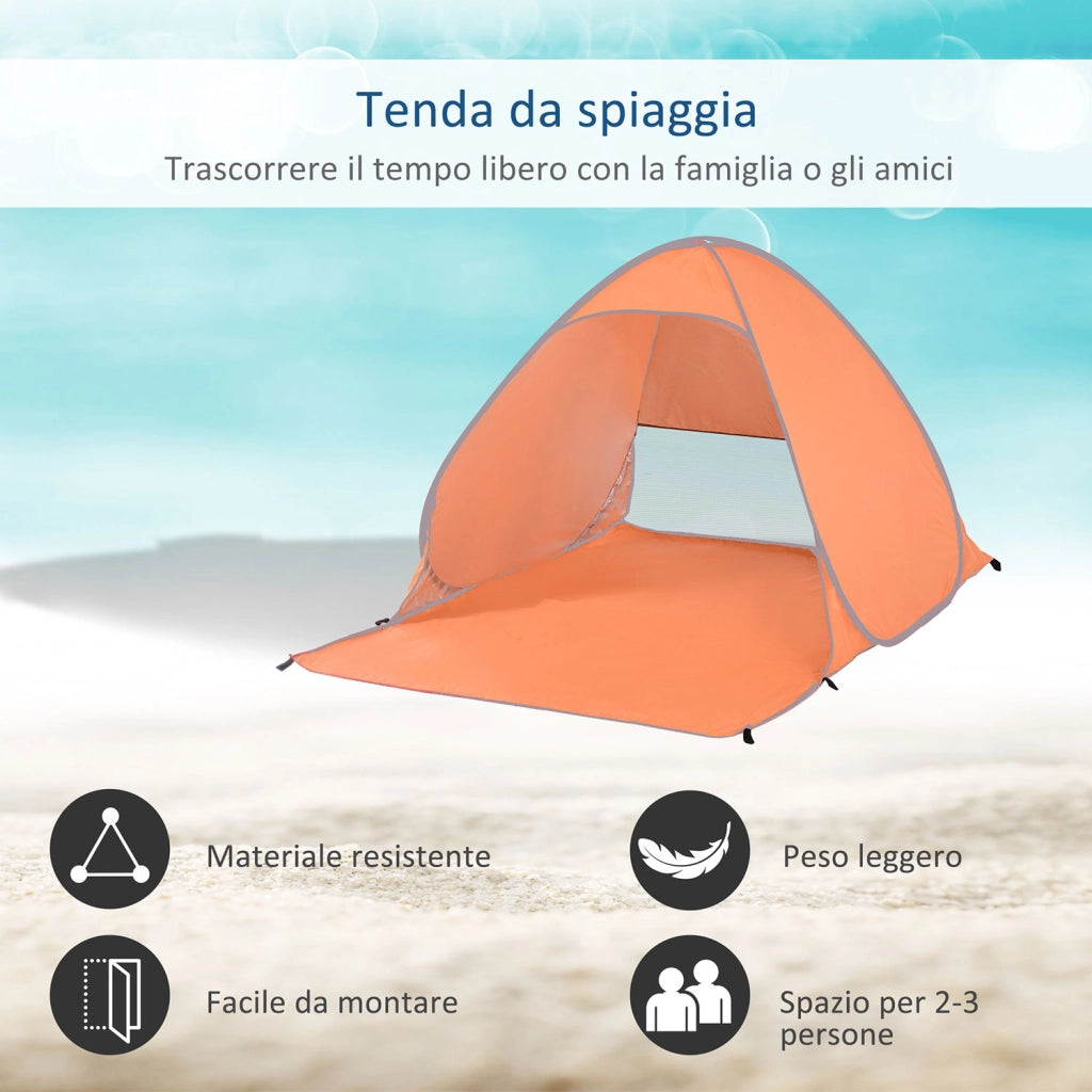 Tenda da Spiaggia Pop Up 200x150x119 cm Protezione UV 30+ e Borsa di Trasporto Arancione