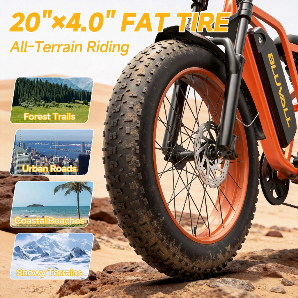Bici Elettrica 20" Fat Bike 250W (Picco 1500W), Batteria 52V 20Ah Rimovibile con Serratura, Freni Idraulici + Doppia Sospensione Idraulica, Shimano 7 Marce, Bici per Citt¨¤ e Fuoristrada Portata 150kg