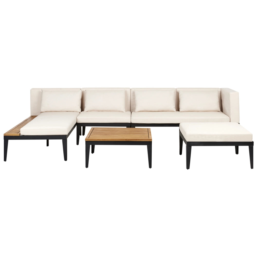 Set da giardino 4 posti in legno di acacia certificato con divano angolare tavolino e cuscini beige chiaro lato sinistro con ottomano