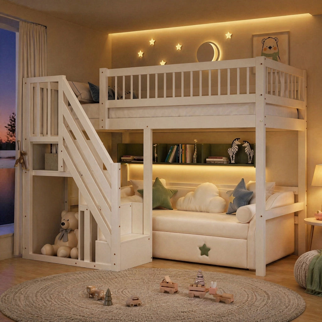 Letto singolo per bambini 90x200 cm in legno bianco con scala contenitore