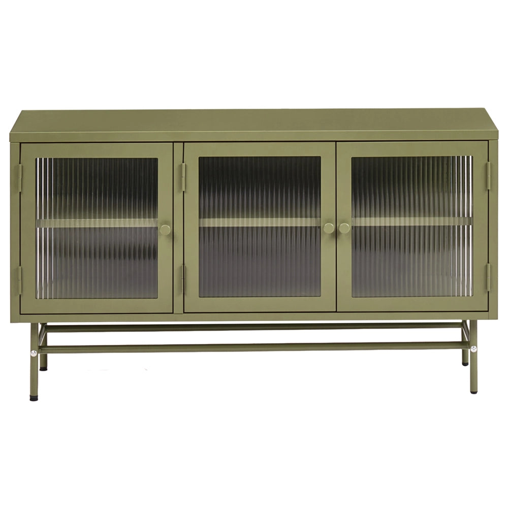 Credenza a 3 ante in metallo verde e vetro con ripiani 115 x 35