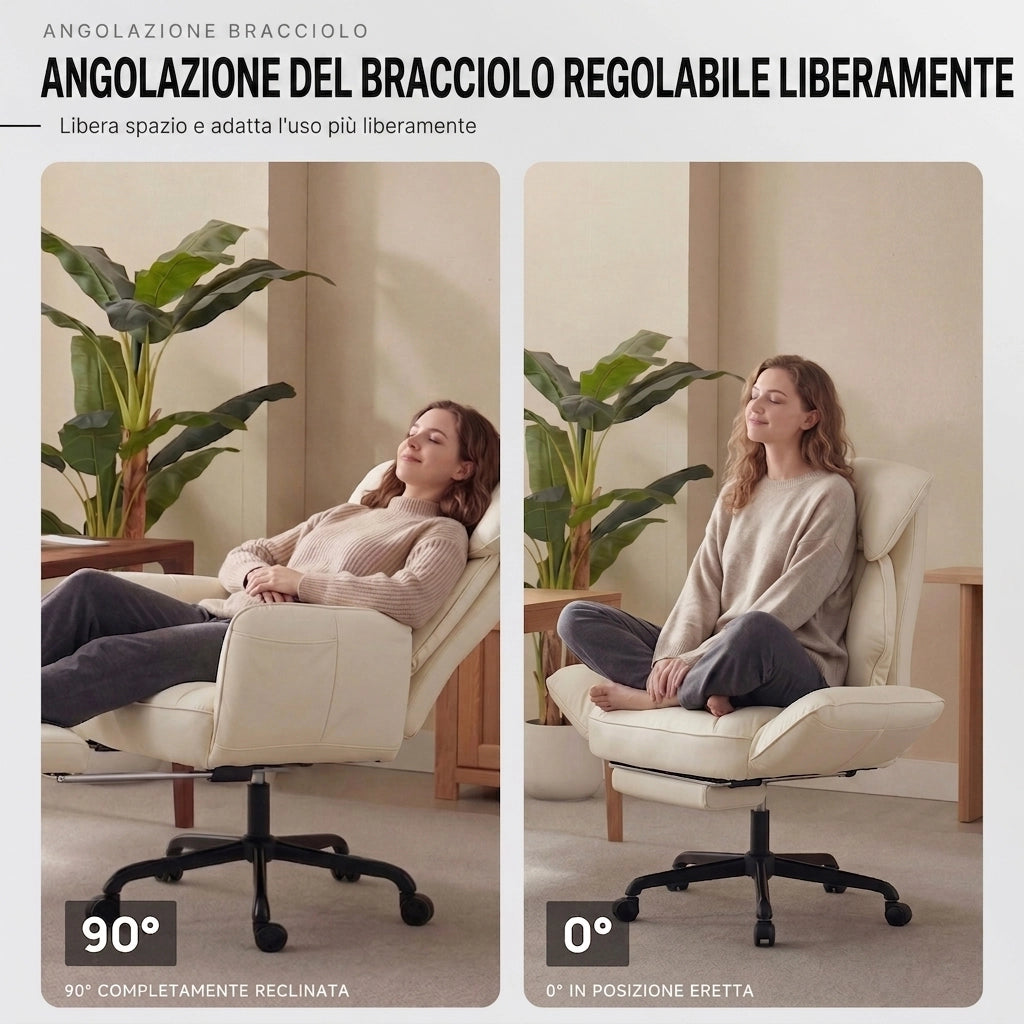 Sedia da ufficio ergonomica - Con corrimano e poggiapiedi - Con braccioli regolabili - Schienale regolabile - Beige