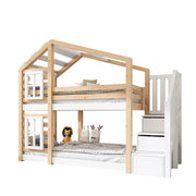 Letto a Castello 90×200 cm; Letto Singolo con Scala Contenitore; Finestre e Sponde; senza Materasso