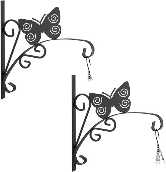 Set di 2 Plantenhaak met vlinder - Montaggio a parete - 30 x 29,5 x 2 cm - Hanger per fiori - Esterno e interno - Ferro - Nero