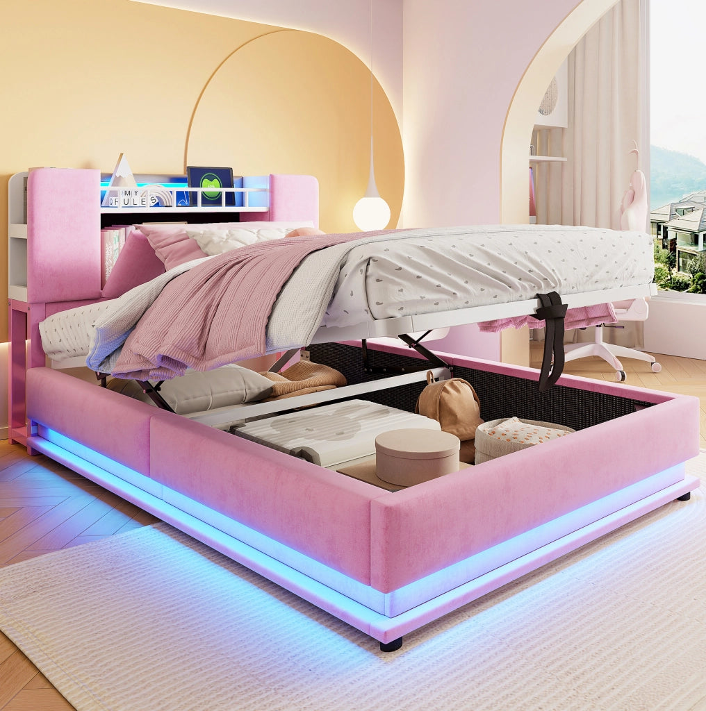 Letto imbottito per bambini 90x200 cm con LED, USB e contenitore rosa