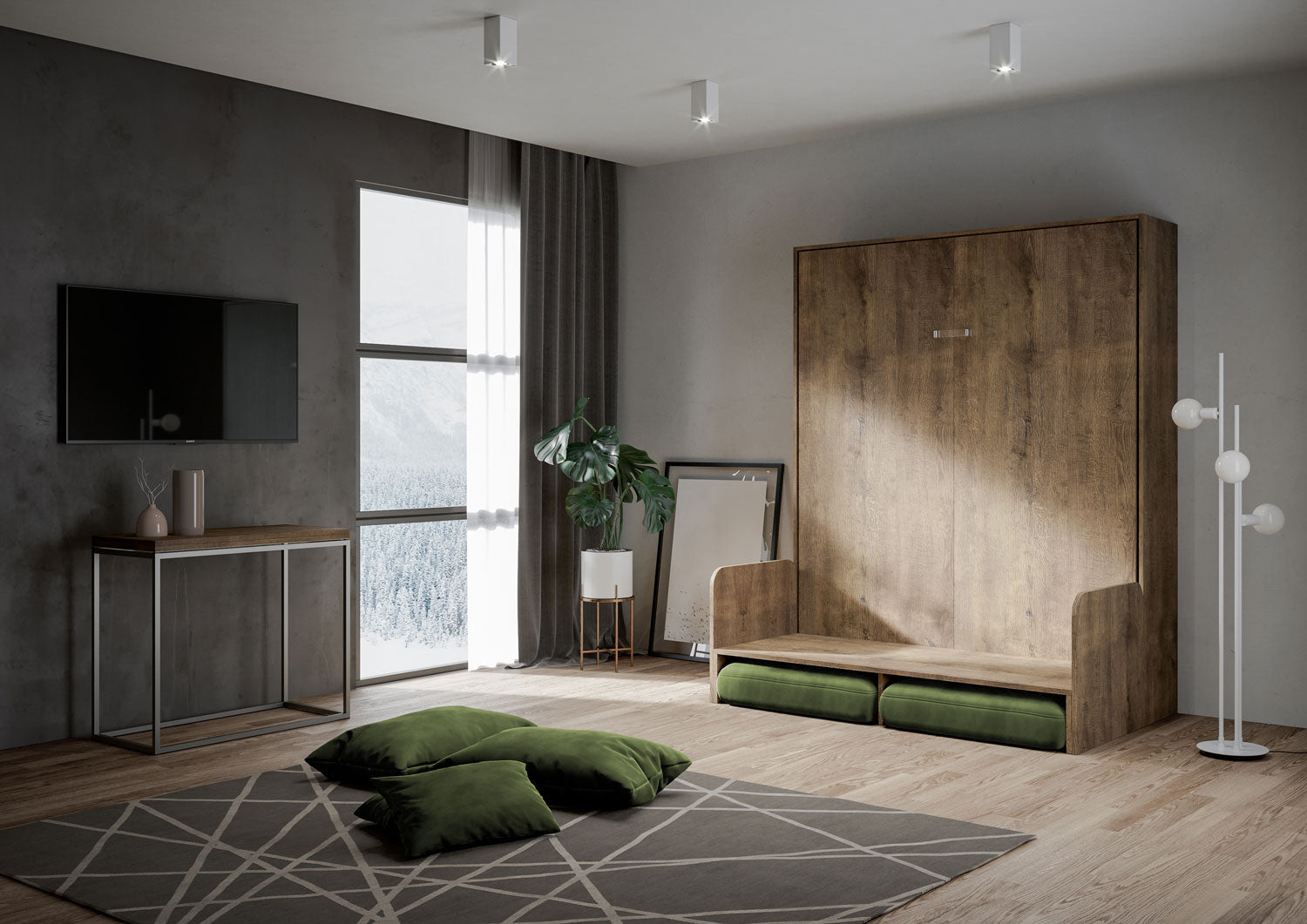 Letto Matrimoniale A Scomparsa 160 Kentaro Con Divano Noce e Verde