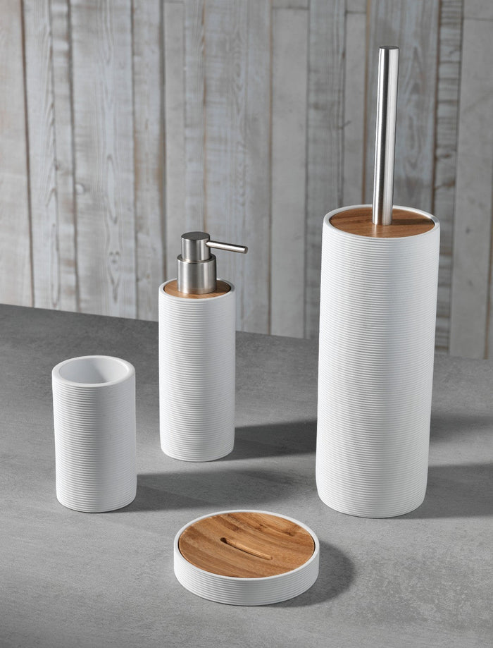 Set 4 Accessori da Bagno in Resina TFT Accessories Bianco Rigato e Bambù