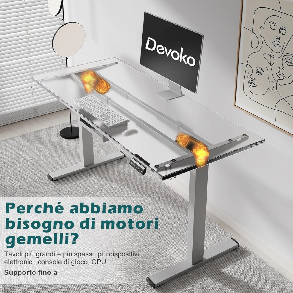 Scrivania Seduta E In Piedi, 2 Motori, Piano Scrivania Con 3 Tasti Di Memoria, Rotelle, Ganci E Scatola Per La Gestione Dei Cavi, Scrivania Regolabile In Altezza 73 – 120 cm, Gray
