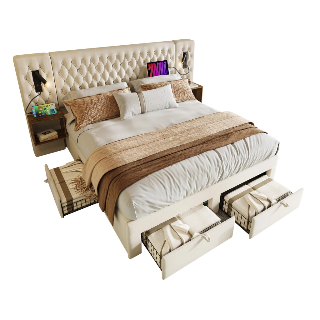 Set completo 180x200 in velluto beige 2 comodini 4 cassetti luce USB senza materasso