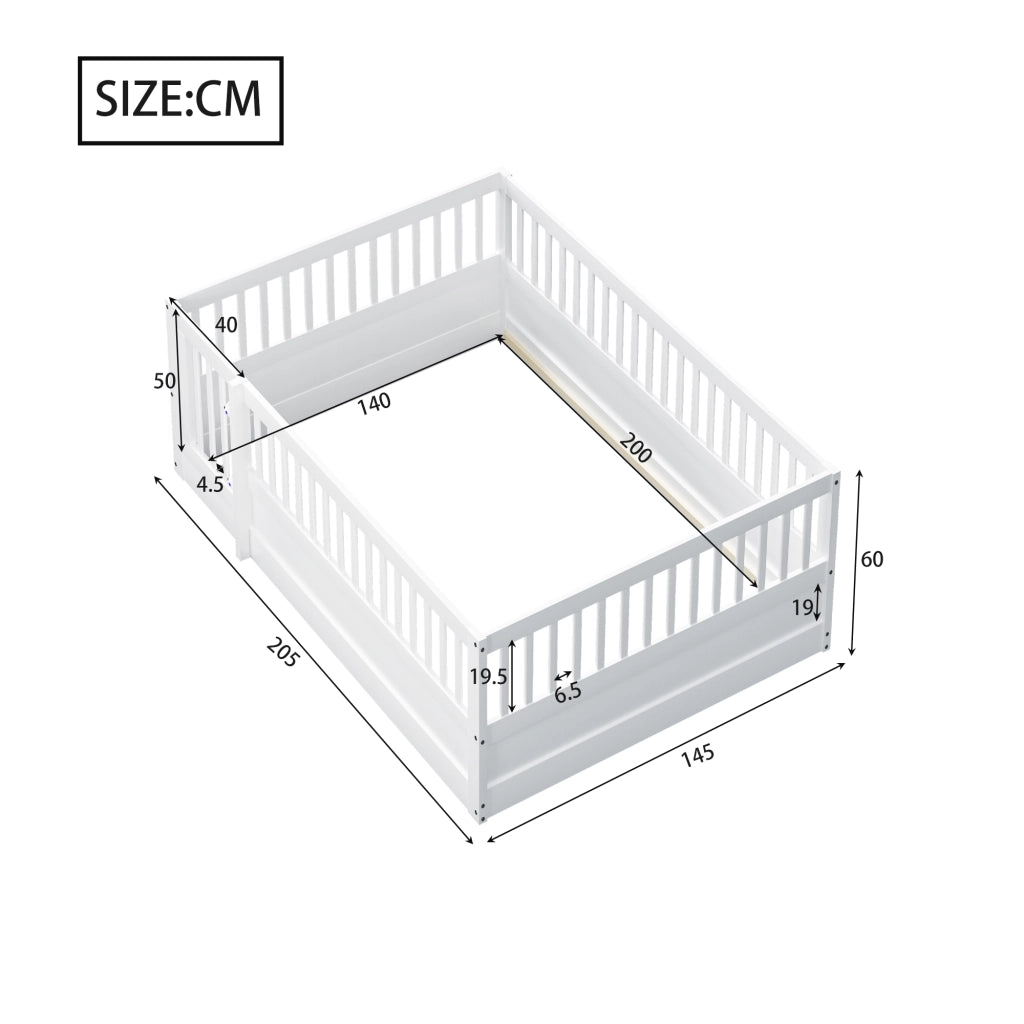 Letto per bambini a pavimento 140 ¡Á 200 cm con recinto e porta in legno bianco