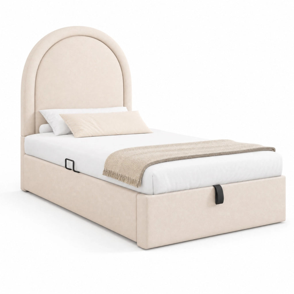 Letto imbottito singolo 90x200 cm beige con testiera semicircolare, contenitore idraulico e struttura in metallo