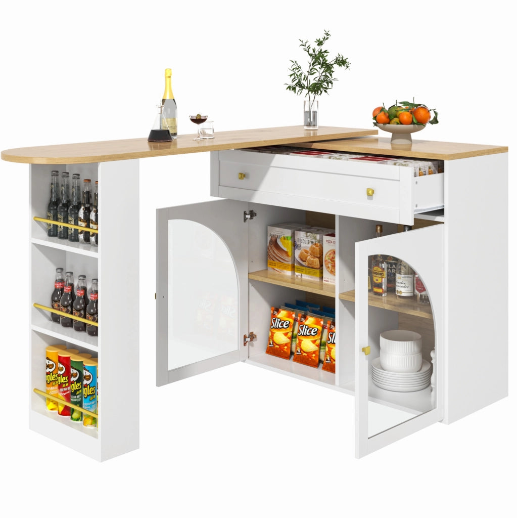 Tavolo bar estensibile 138-204x39x104 cm con ripiano laterale a tre livelli in MDF bianco