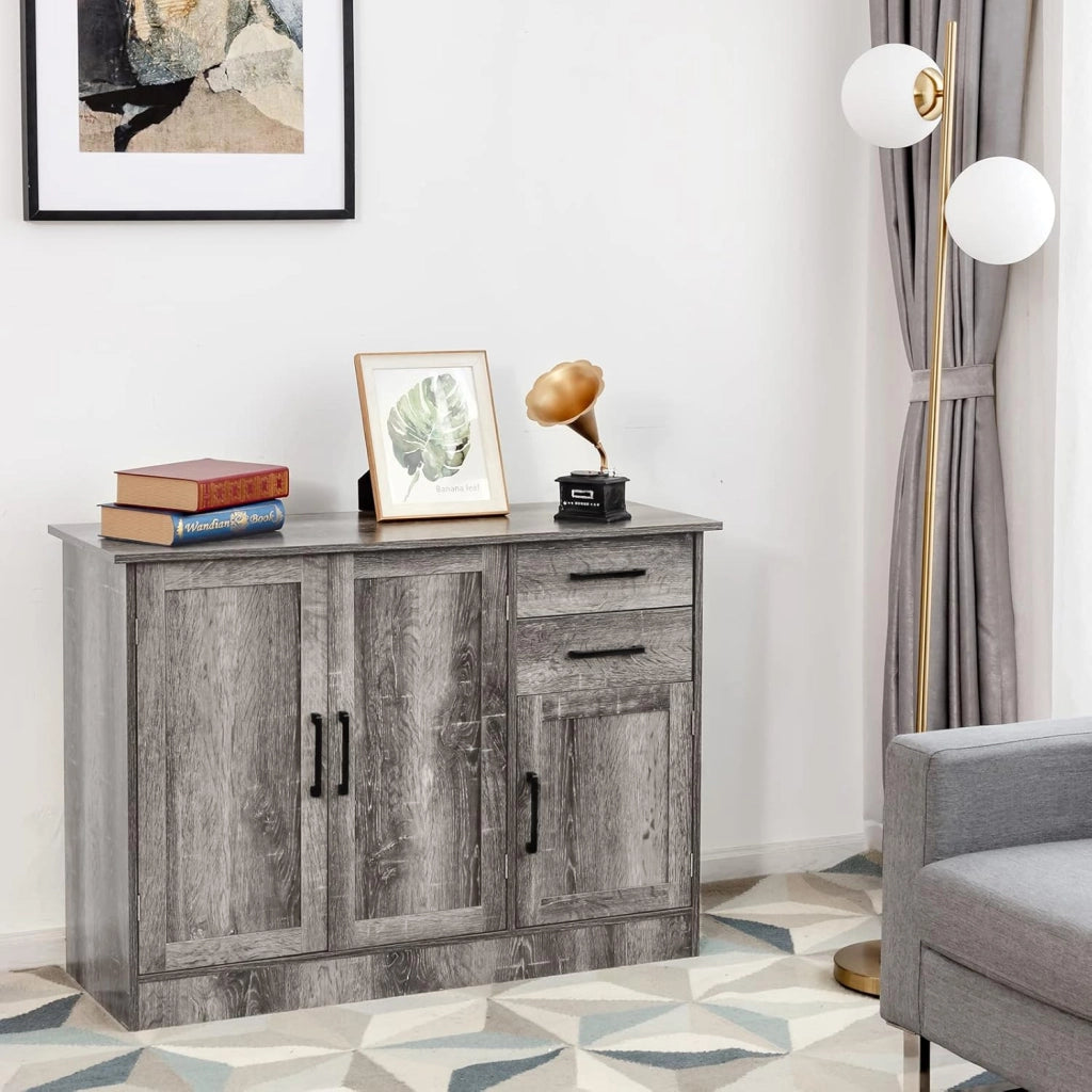 Cassettiera con 2 cassetti, organizer per stoviglie con 2 porte, console antica per soggiorno, armadio di ingresso con ripiano regolabile