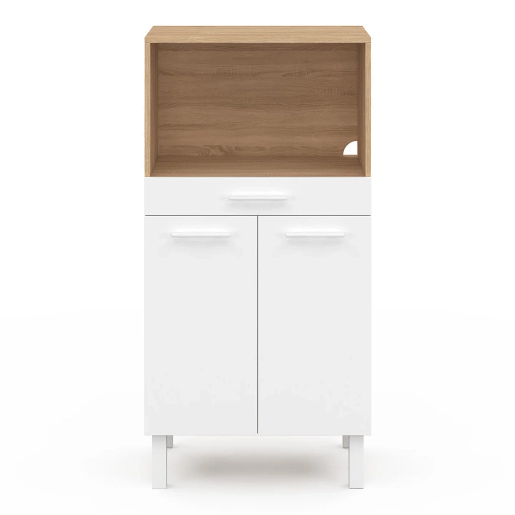 IDMarket - CINA 60 cm midway high cassettiera da cucina per microonde 1 cassetto 2 ante finitura faggio e bianco