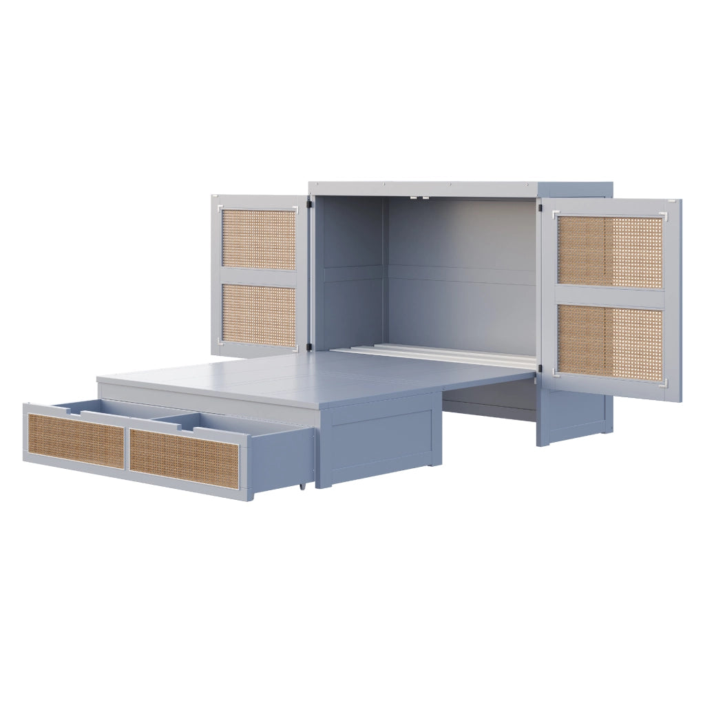 LETTO a scomparsa 140x200 cm in legno grigio con design rattan e cassetti