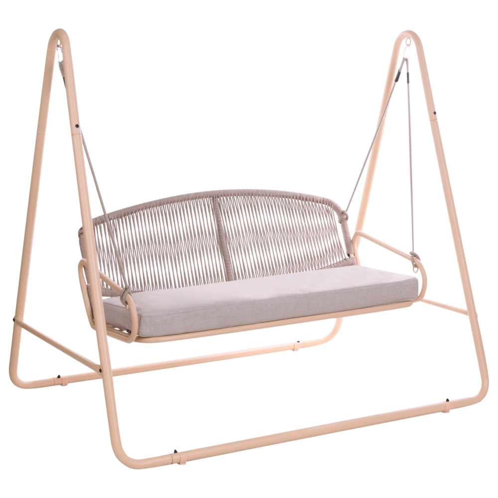 Dondolo da giardino con struttura in acciaio beige, cuscini in tessuto olefinico e schienale in corda intrecciata, a due posti, in stile mediterraneo