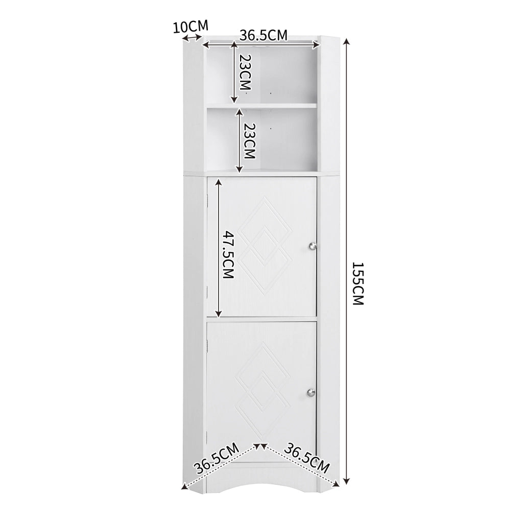 Armadietto da bagno angolare con 2 vani aperti e ripiano regolabile per bagno in truciolare bianco 36.5 × 36.5 × 155 cm