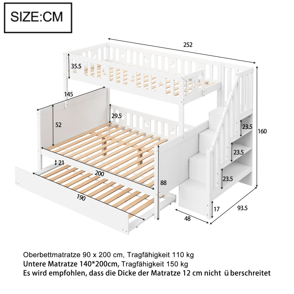 Letto a Castello con Scala Contenitore e Letto Estraibile; 90×200 e 140×200 cm; senza Materasso